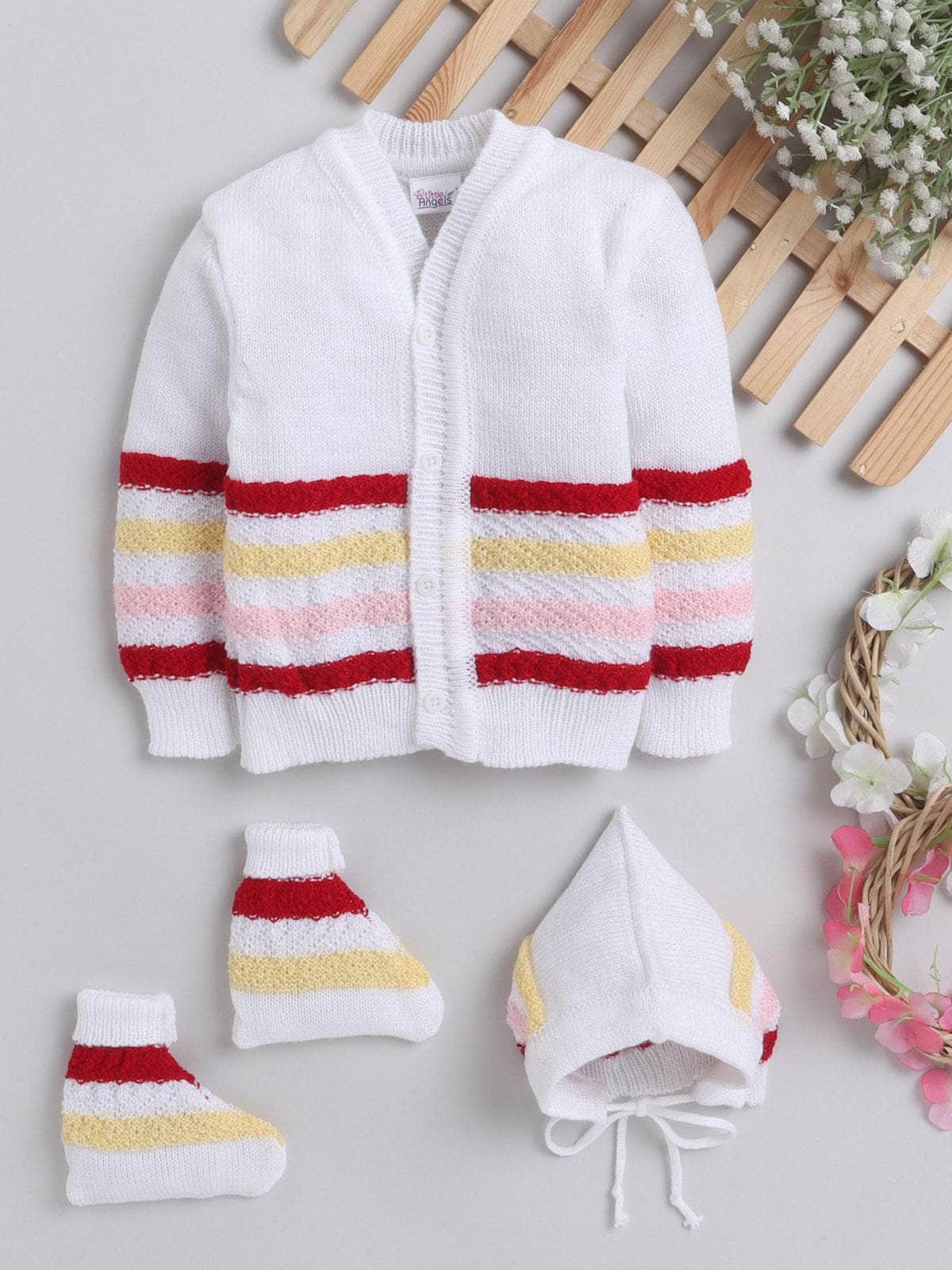 Little Angels Little Angels V-Neck Full Sleeves Full Sleeves Striped Cardigan, Tie-Knot Cap and Socks Sweater Sets Wiggles & Giggles Knit Set