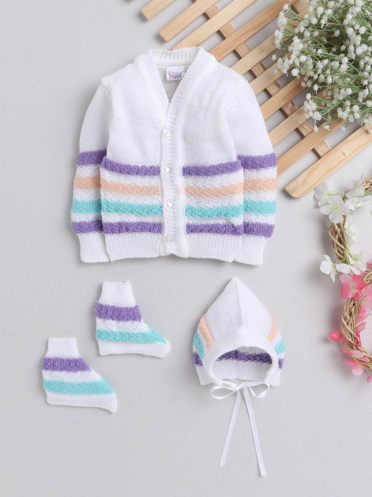 Little Angels Little Angels V-Neck Full Sleeves Full Sleeves Striped Cardigan, Tie-Knot Cap and Socks Sweater Sets Wiggles & Giggles Knit Set