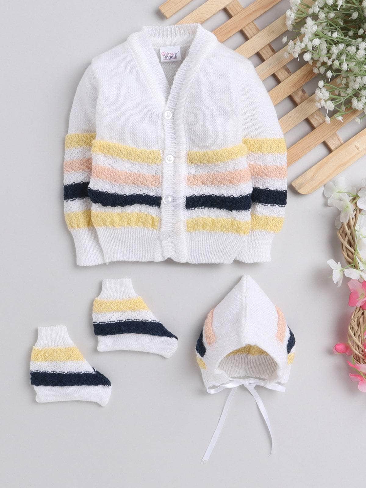 Little Angels Little Angels V-Neck Full Sleeves Full Sleeves Striped Cardigan, Tie-Knot Cap and Socks Sweater Sets Wiggles & Giggles Knit Set