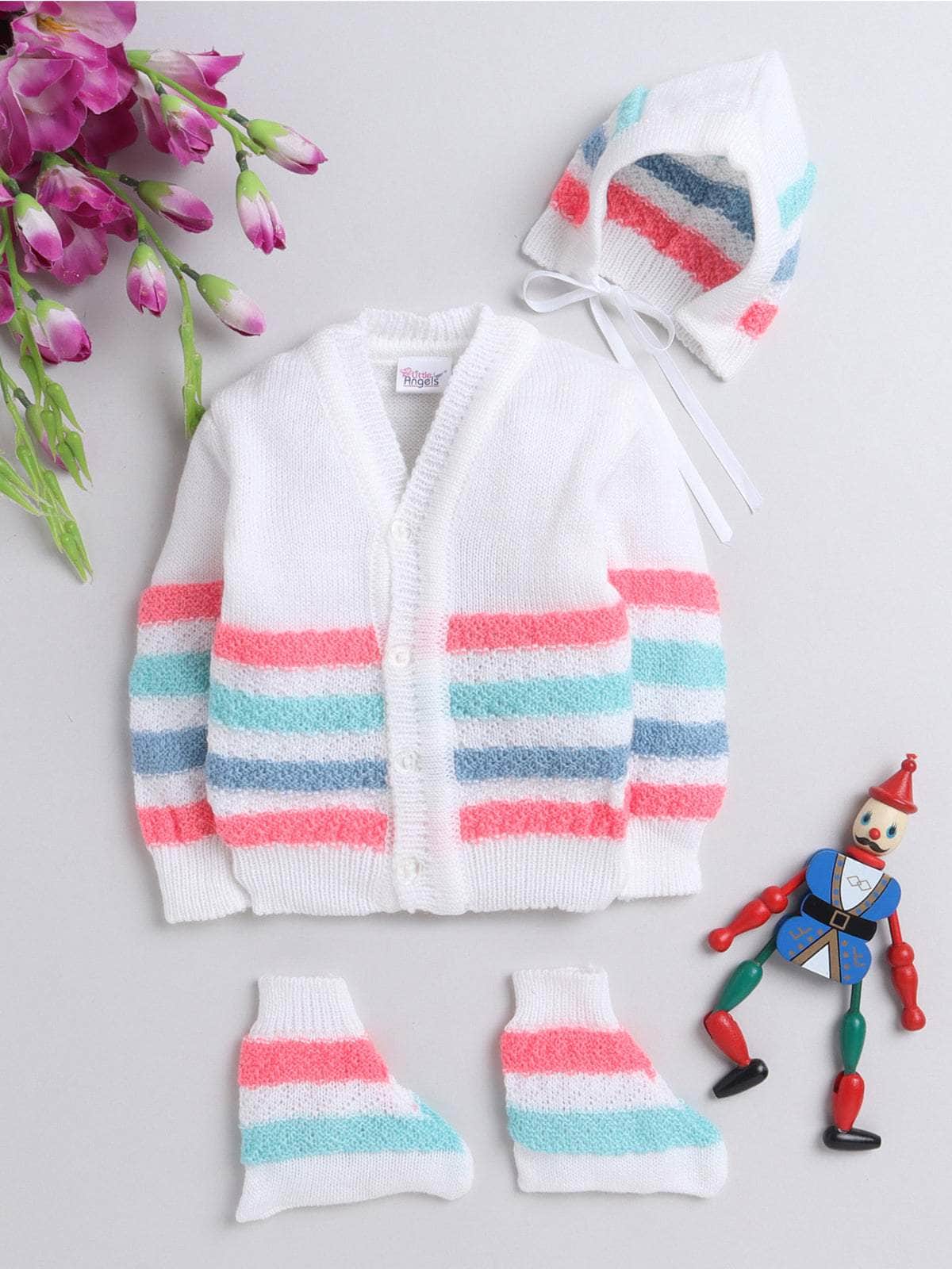 Little Angels Little Angels V-Neck Full Sleeves Full Sleeves Striped Cardigan, Tie-Knot Cap and Socks Sweater Sets Wiggles & Giggles Knit Set