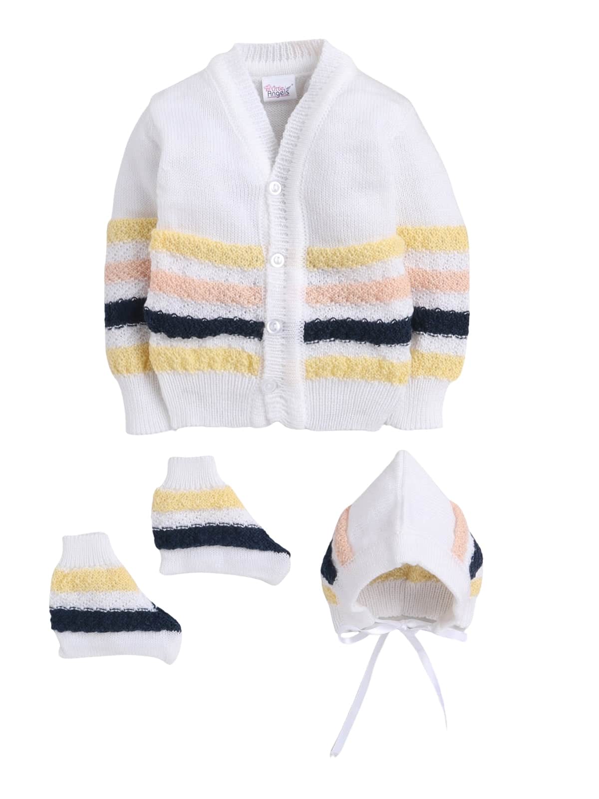 Little Angels Little Angels V-Neck Full Sleeves Full Sleeves Striped Cardigan, Tie-Knot Cap and Socks Sweater Sets Wiggles & Giggles Knit Set