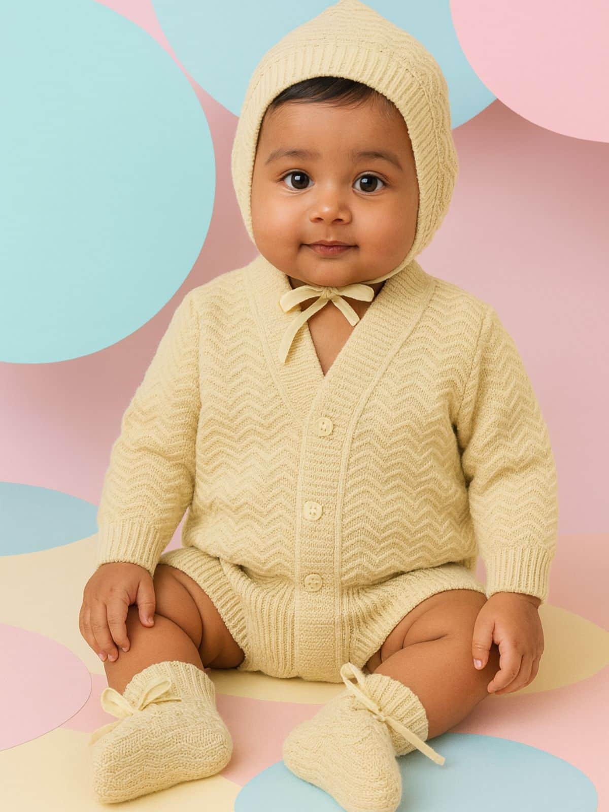 Little Angels Little Angels Sweater Set Baby Wool Full Sleeves V-Neck Striped in a Pearl Pattern Pink 3-Piece Set Sweater Sets Zaggy Cuddles Baby Knit Set