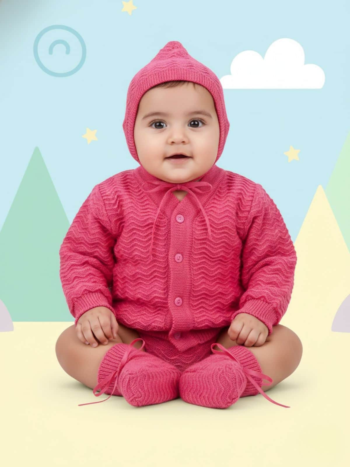 Little Angels Little Angels Sweater Set Baby Wool Full Sleeves V-Neck Striped in a Pearl Pattern Pink 3-Piece Set Sweater Sets Zaggy Cuddles Baby Knit Set