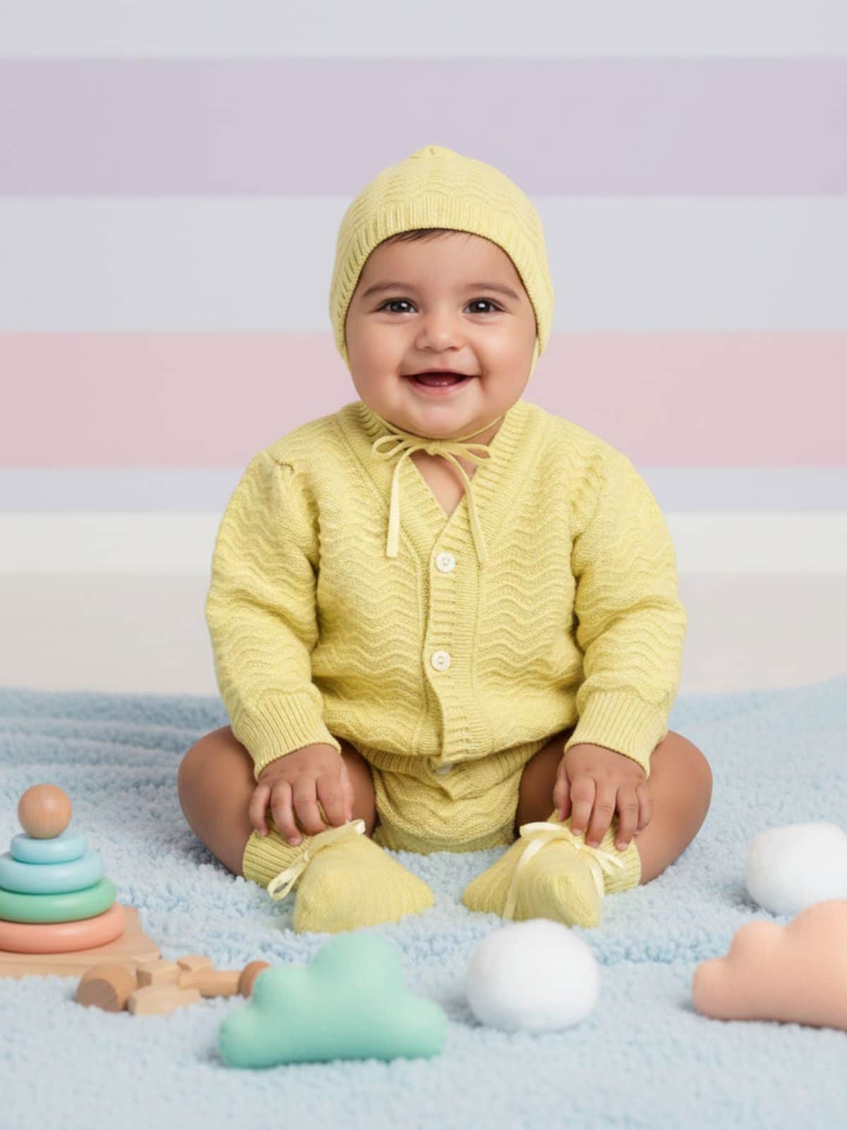 Little Angels Little Angels Sweater Set Baby Wool Full Sleeves V-Neck Striped in a Pearl Pattern Pink 3-Piece Set Sweater Sets Zaggy Cuddles Baby Knit Set