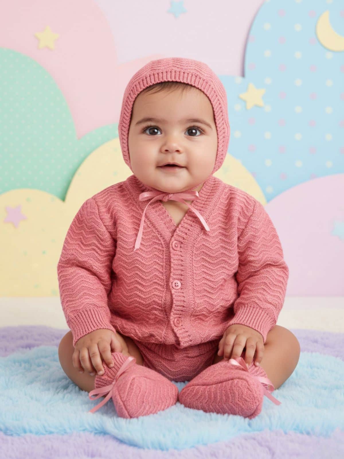 Little Angels Little Angels Sweater Set Baby Wool Full Sleeves V-Neck Striped in a Pearl Pattern Pink 3-Piece Set Sweater Sets Zaggy Cuddles Baby Knit Set