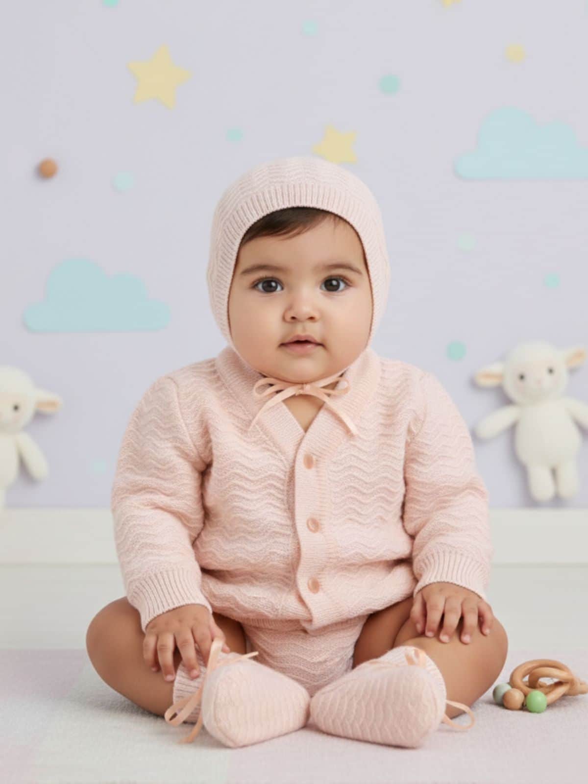 Little Angels Little Angels Sweater Set Baby Wool Full Sleeves V-Neck Striped in a Pearl Pattern Pink 3-Piece Set Sweater Sets Zaggy Cuddles Baby Knit Set
