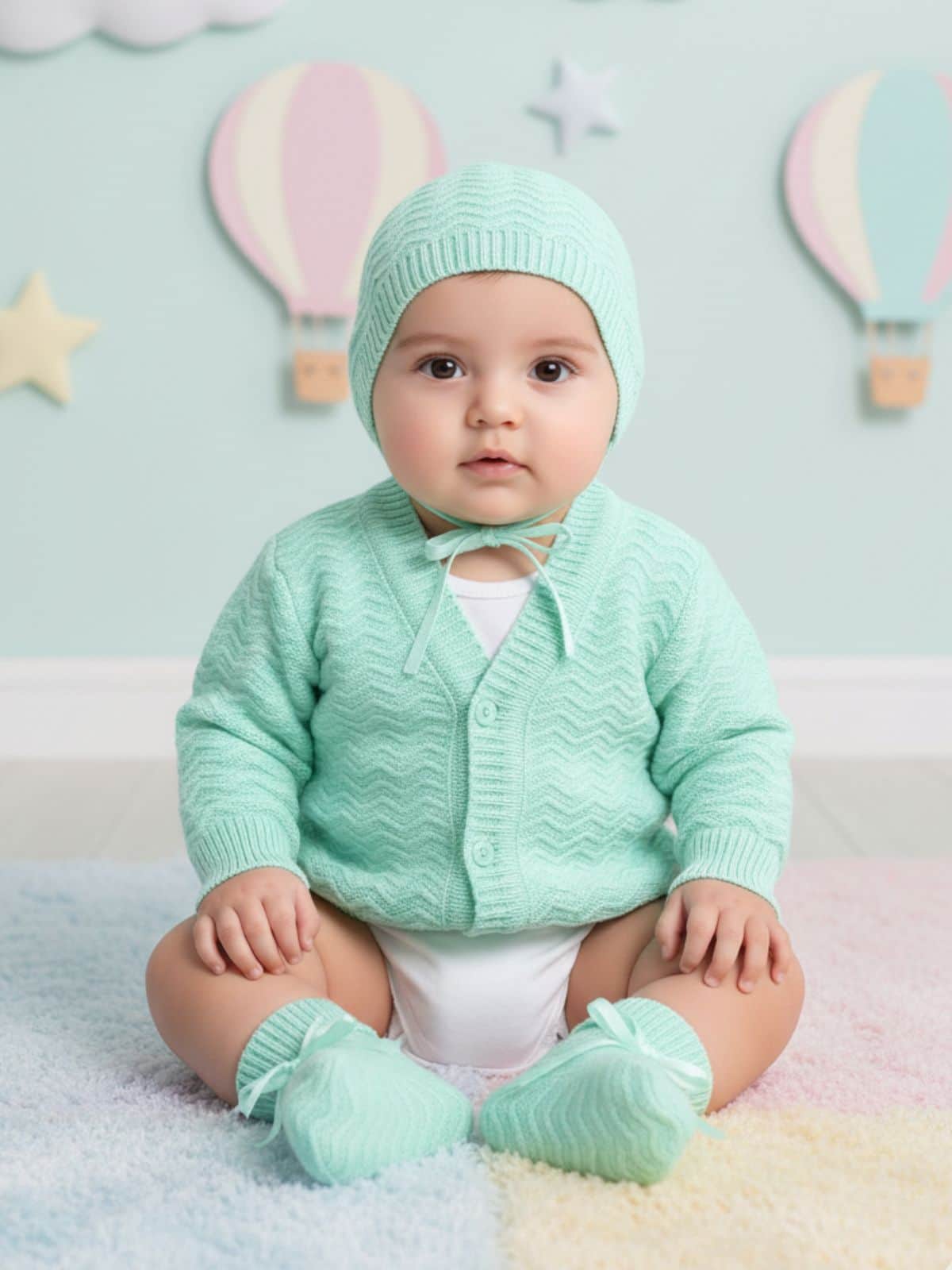 Little Angels Little Angels Sweater Set Baby Wool Full Sleeves V-Neck Striped in a Pearl Pattern Pink 3-Piece Set Sweater Sets Zaggy Cuddles Baby Knit Set
