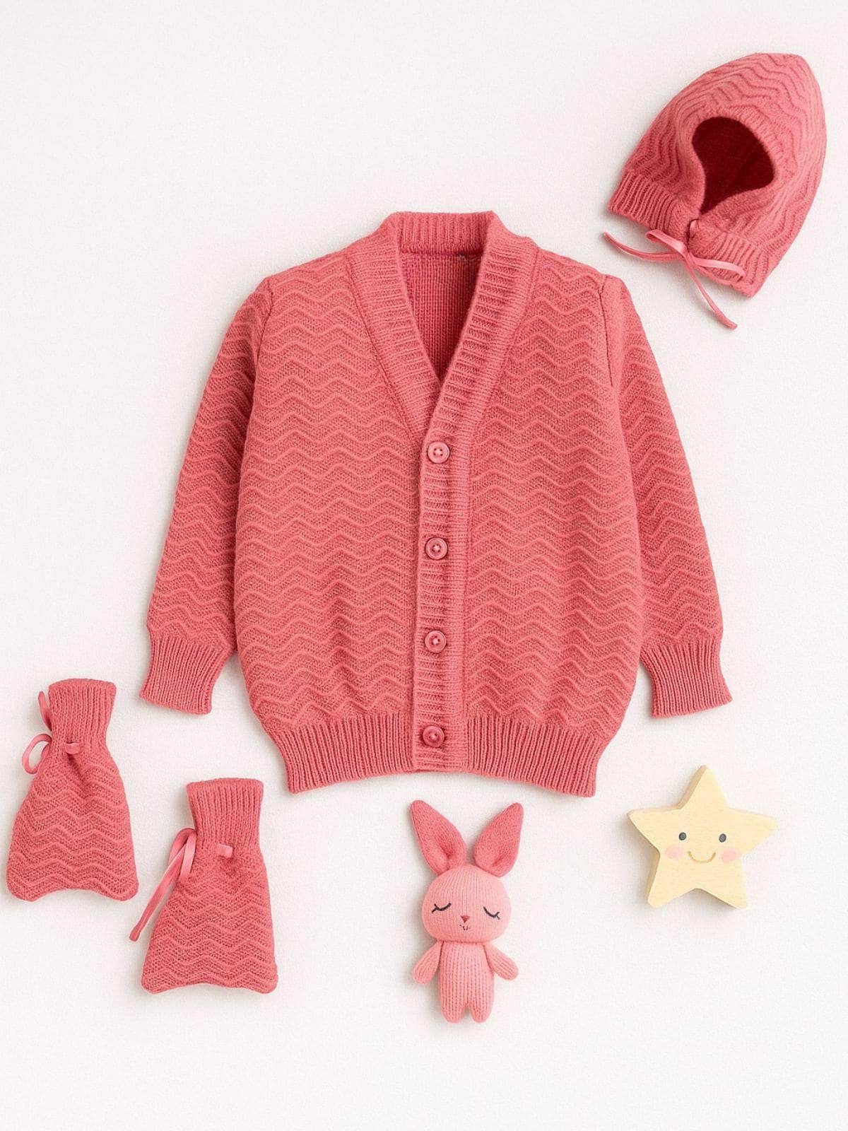 Little Angels Little Angels Sweater Set Baby Wool Full Sleeves V-Neck Striped in a Pearl Pattern Pink 3-Piece Set Sweater Sets Zaggy Cuddles Baby Knit Set 3-6 M / NeonPink / Baby Wool