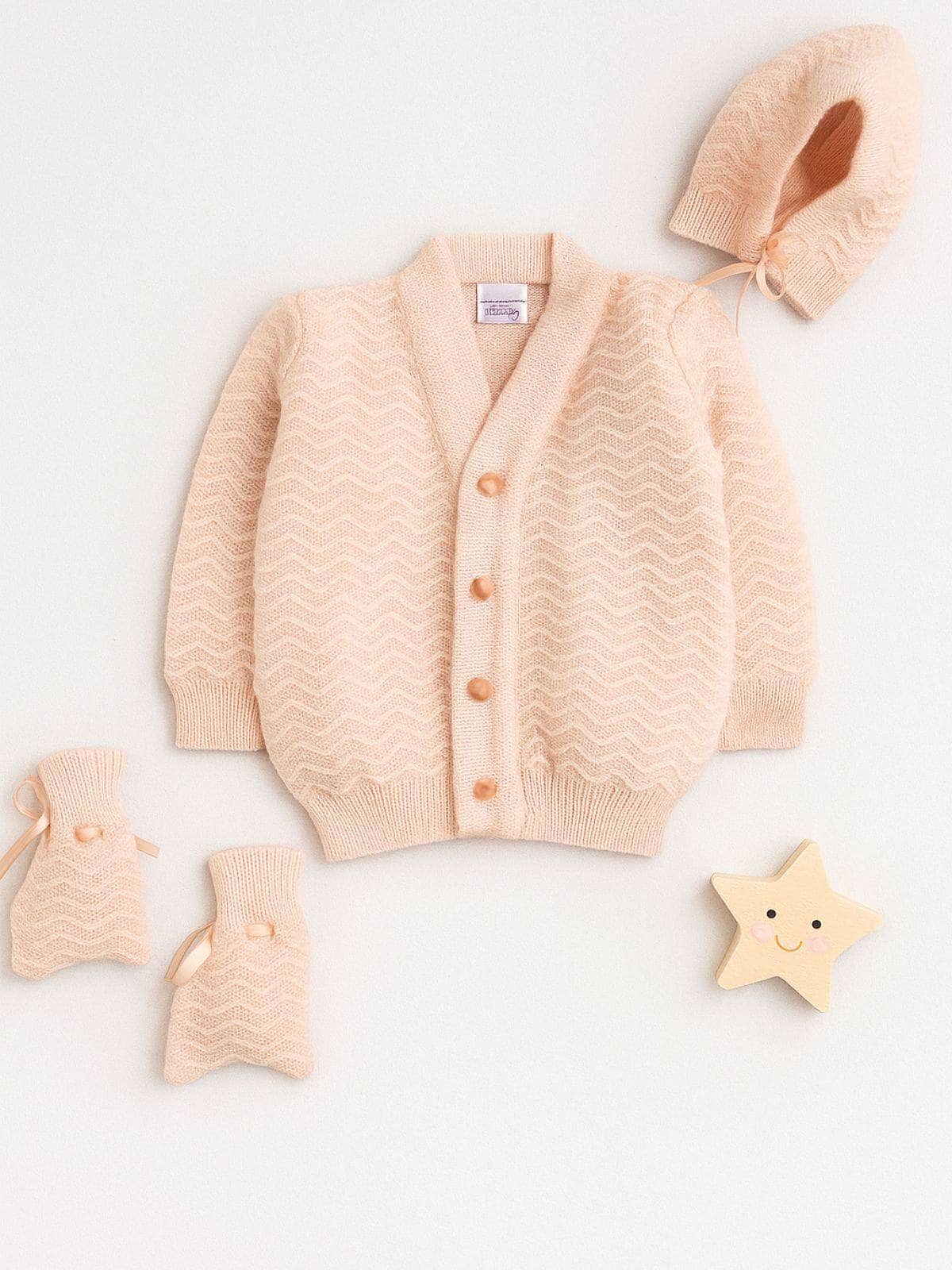 Little Angels Little Angels Sweater Set Baby Wool Full Sleeves V-Neck Striped in a Pearl Pattern Pink 3-Piece Set Sweater Sets Zaggy Cuddles Baby Knit Set 3-6 M / Peach / Baby Wool