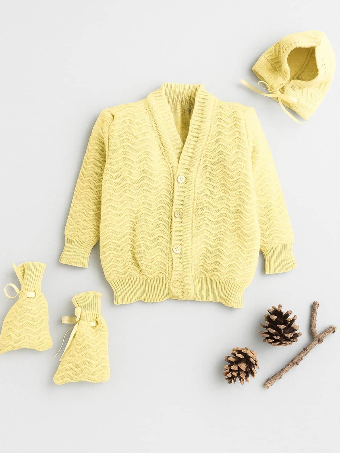 Little Angels Little Angels Sweater Set Baby Wool Full Sleeves V-Neck Striped in a Pearl Pattern Pink 3-Piece Set Sweater Sets Zaggy Cuddles Baby Knit Set 3-6 M / Yellow / Baby Wool