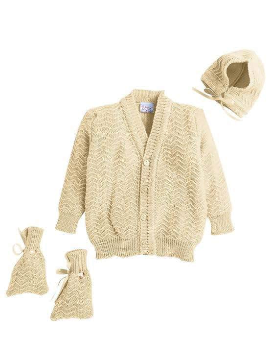 Little Angels Little Angels Sweater Set Baby Wool Full Sleeves V-Neck Striped in a Pearl Pattern Pink 3-Piece Set Sweater Sets Zaggy Cuddles Baby Knit Set Cream / Baby Wool / 0-3 M