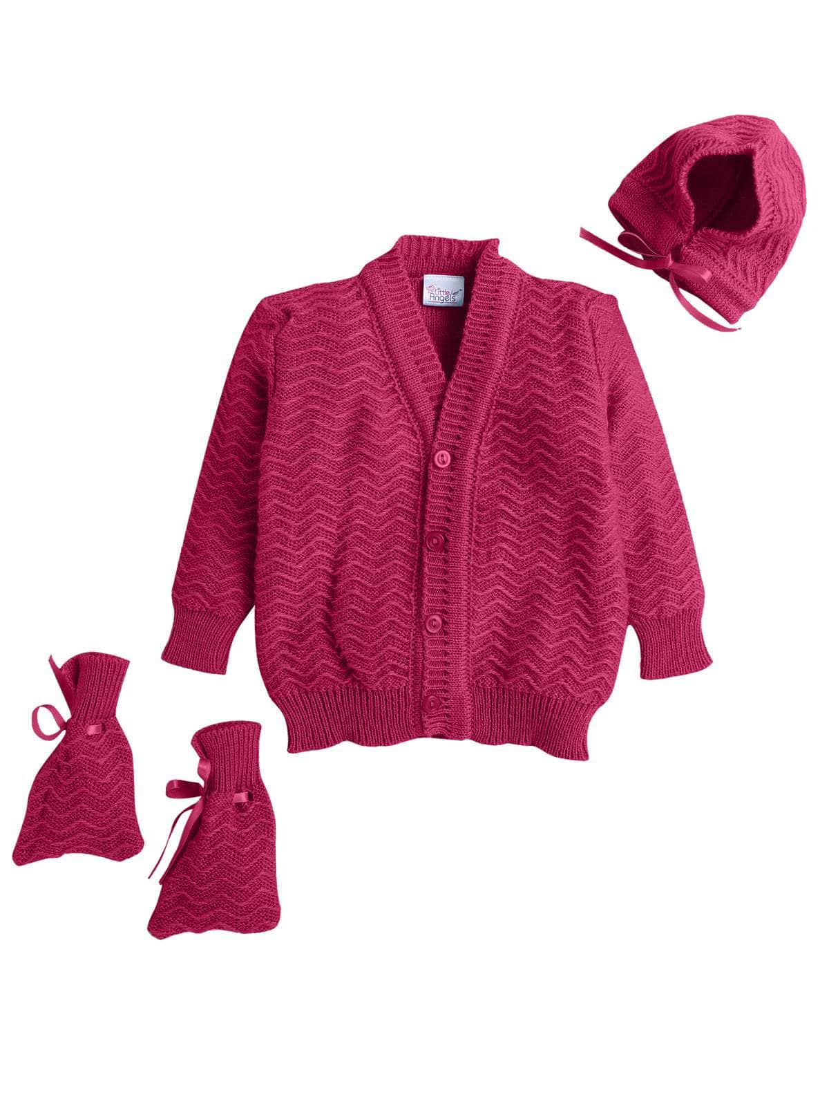 Little Angels Little Angels Sweater Set Baby Wool Full Sleeves V-Neck Striped in a Pearl Pattern Pink 3-Piece Set Sweater Sets Zaggy Cuddles Baby Knit Set Fuchsia / Baby Wool / 0-3 M