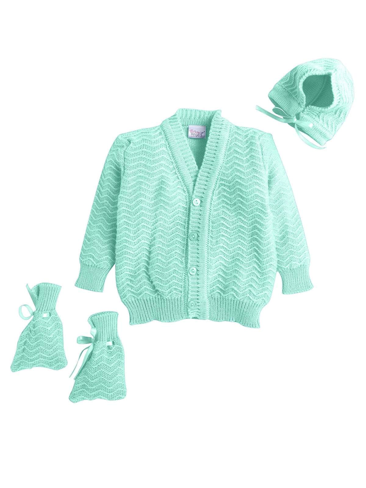 Little Angels Little Angels Sweater Set Baby Wool Full Sleeves V-Neck Striped in a Pearl Pattern Pink 3-Piece Set Sweater Sets Zaggy Cuddles Baby Knit Set Green / Baby Wool / 0-3 M