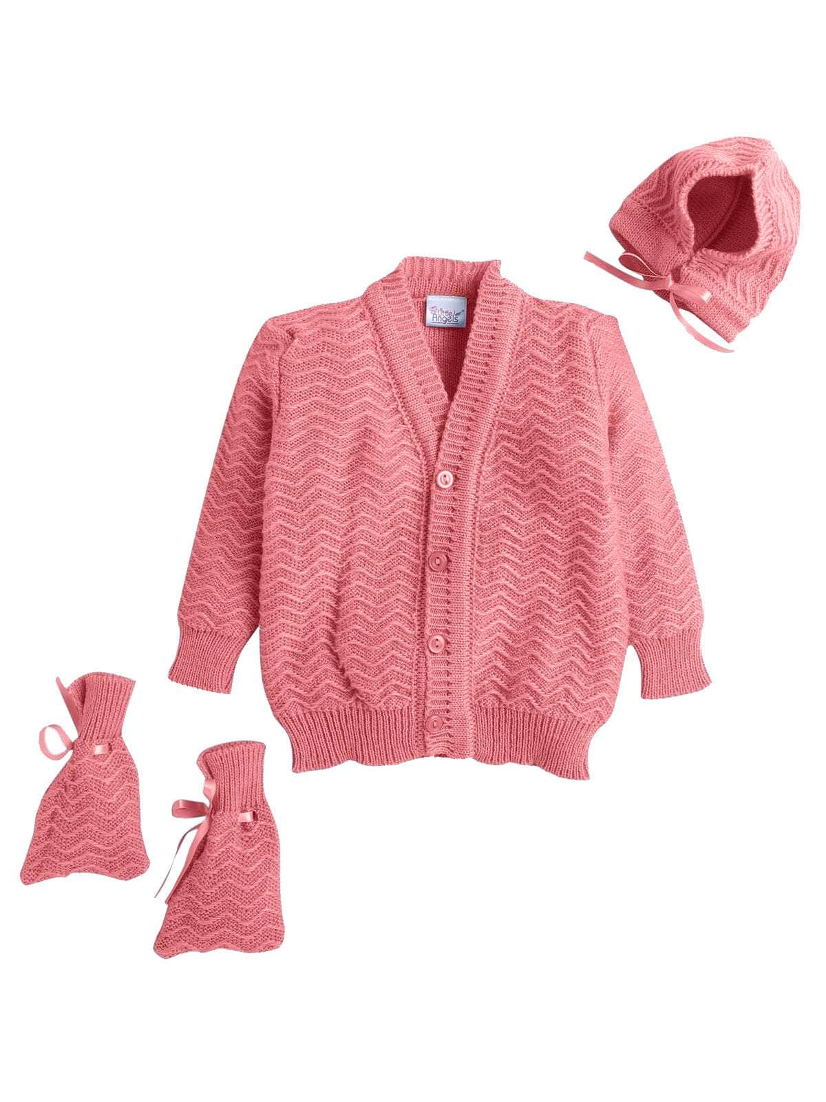 Little Angels Little Angels Sweater Set Baby Wool Full Sleeves V-Neck Striped in a Pearl Pattern Pink 3-Piece Set Sweater Sets Zaggy Cuddles Baby Knit Set NeonPink / Baby Wool / 0-3 M