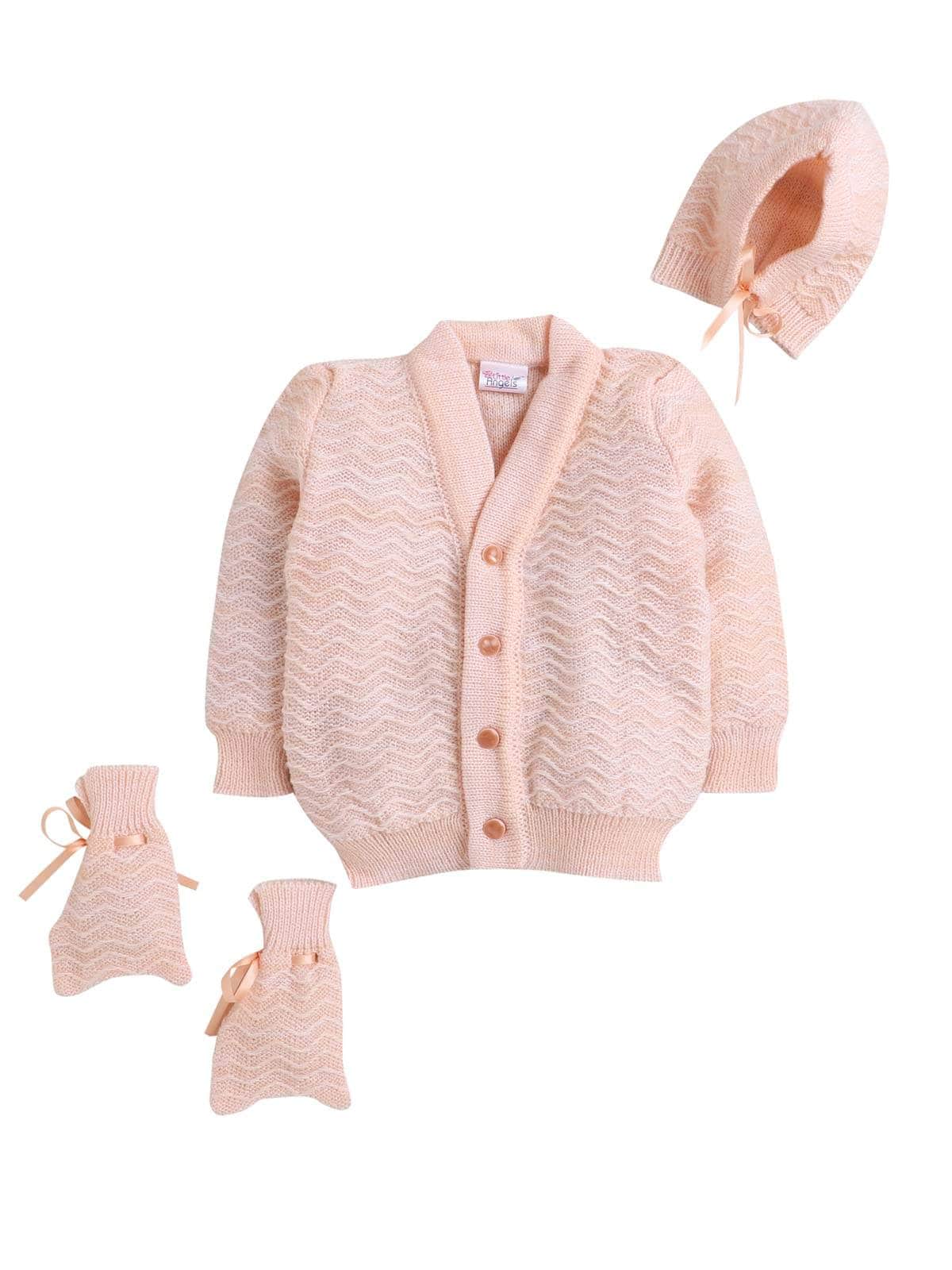 Little Angels Little Angels Sweater Set Baby Wool Full Sleeves V-Neck Striped in a Pearl Pattern Pink 3-Piece Set Sweater Sets Zaggy Cuddles Baby Knit Set Peach / Baby Wool / 0-3 M