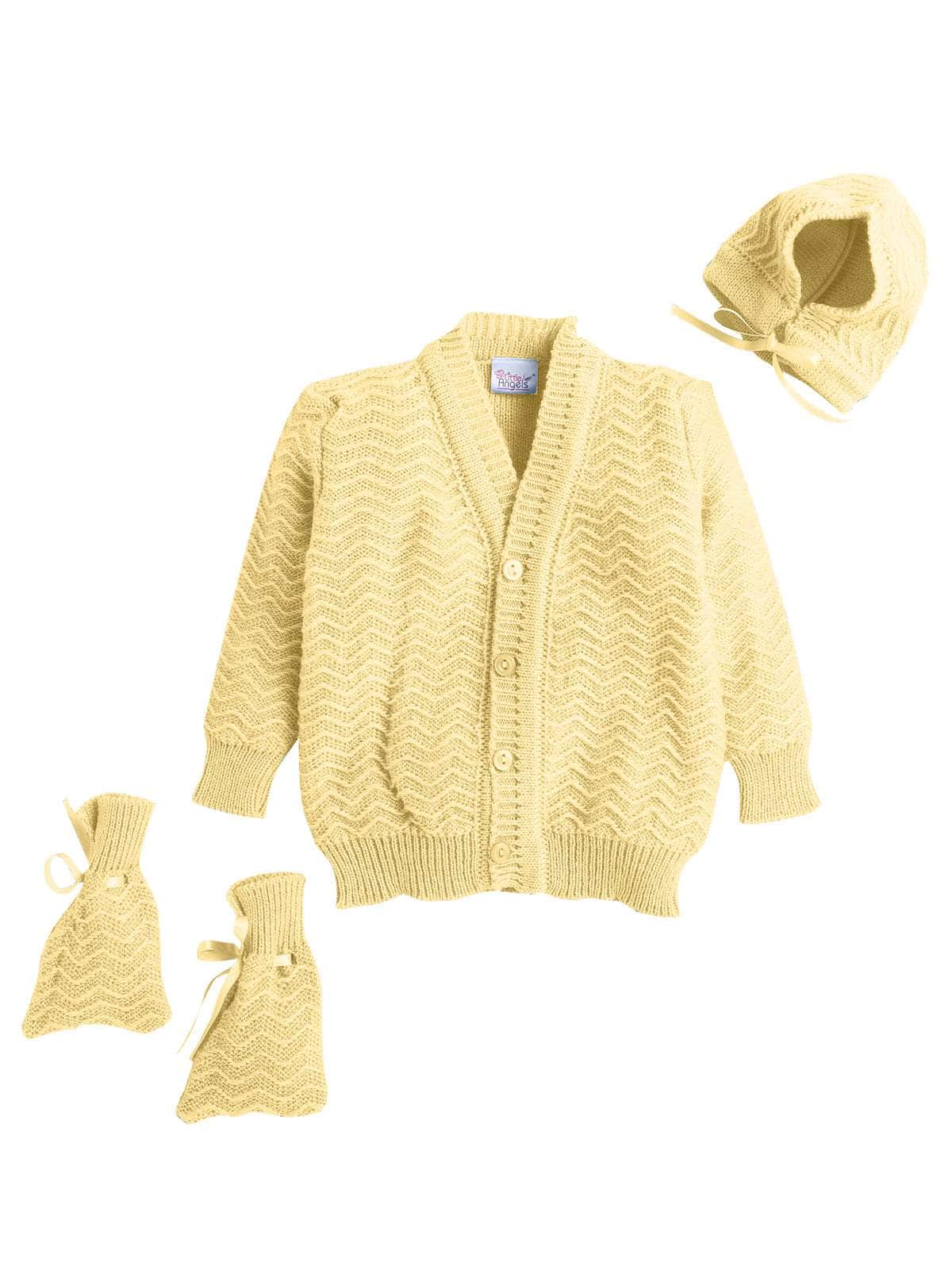 Little Angels Little Angels Sweater Set Baby Wool Full Sleeves V-Neck Striped in a Pearl Pattern Pink 3-Piece Set Sweater Sets Zaggy Cuddles Baby Knit Set Yellow / Baby Wool / 0-3 M