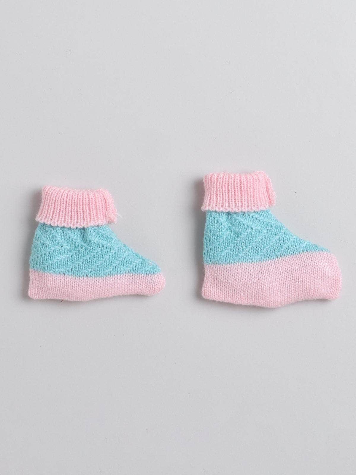 Little Angels Little Angels Sweater Set Baby Wool Full Sleeves V-Neck Textured Chevron Pink & Green 3-Piece Set Sweater Sets Zig-Zag Snuggle Bloom Set