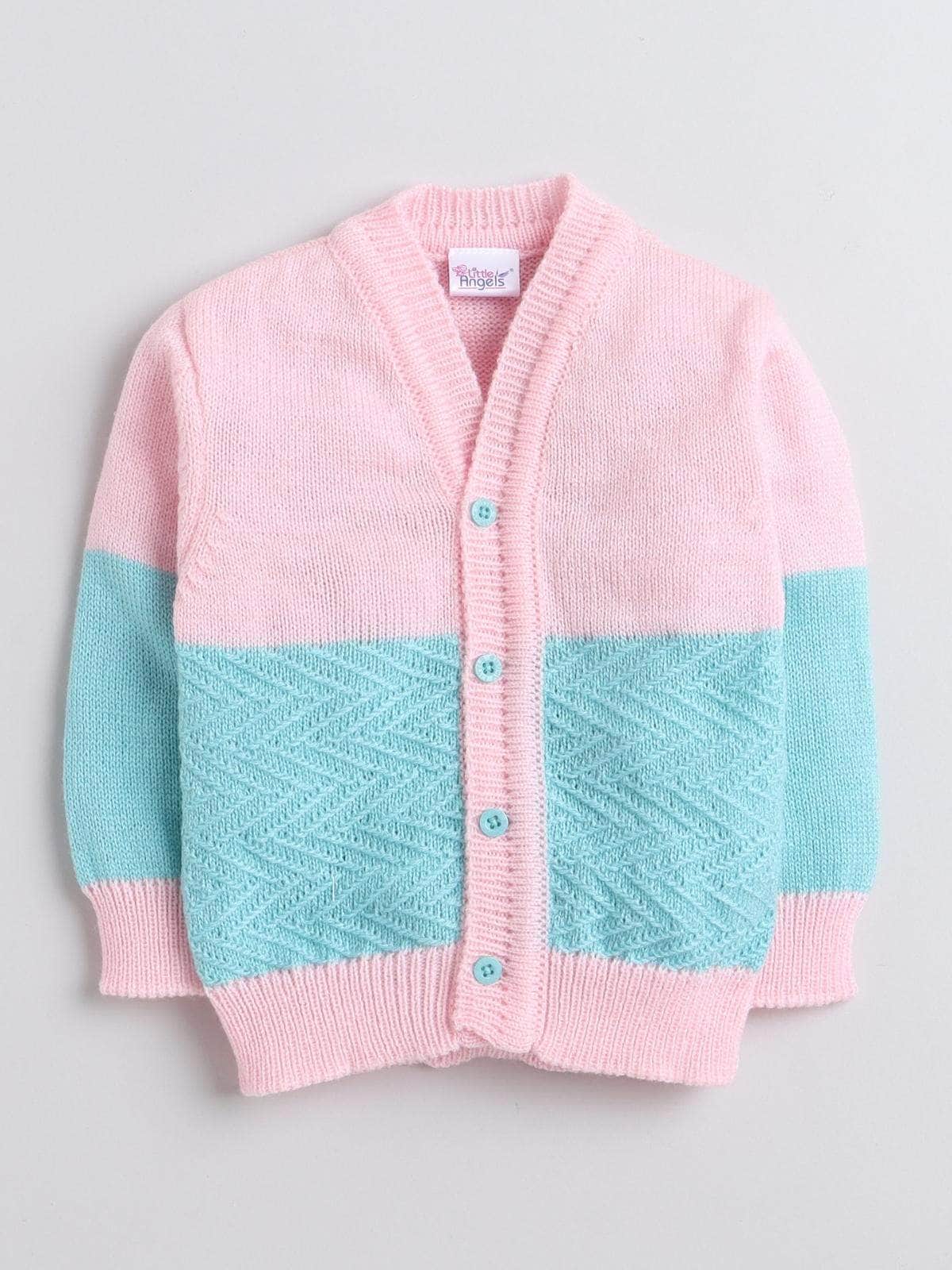 Little Angels Little Angels Sweater Set Baby Wool Full Sleeves V-Neck Textured Chevron Pink & Green 3-Piece Set Sweater Sets Zig-Zag Snuggle Bloom Set