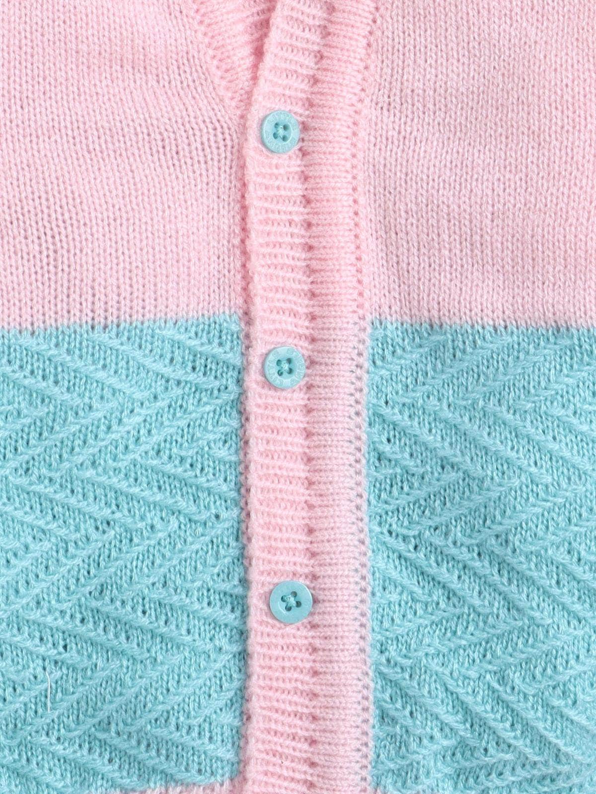 Little Angels Little Angels Sweater Set Baby Wool Full Sleeves V-Neck Textured Chevron Pink & Green 3-Piece Set Sweater Sets Zig-Zag Snuggle Bloom Set