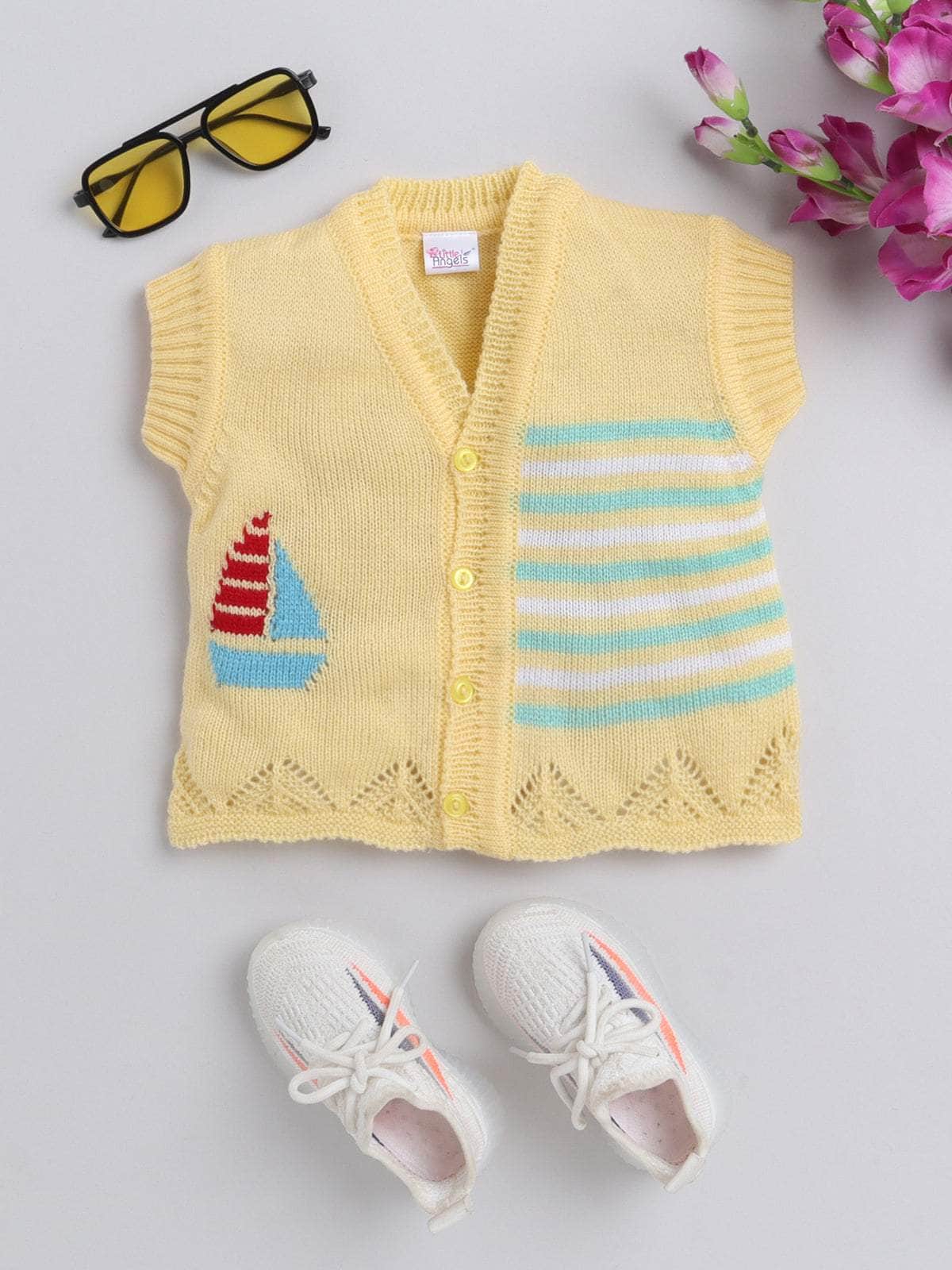 Yellow boat motif woollen sleeveless vest for baby 3-12 months by Little Angels