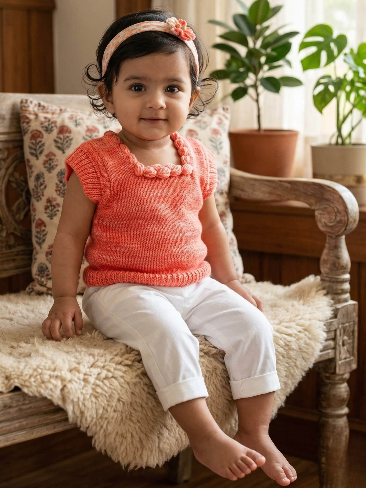 Red textured knit woollen sleeveless vest for newborn 0-12 months by Little Angels